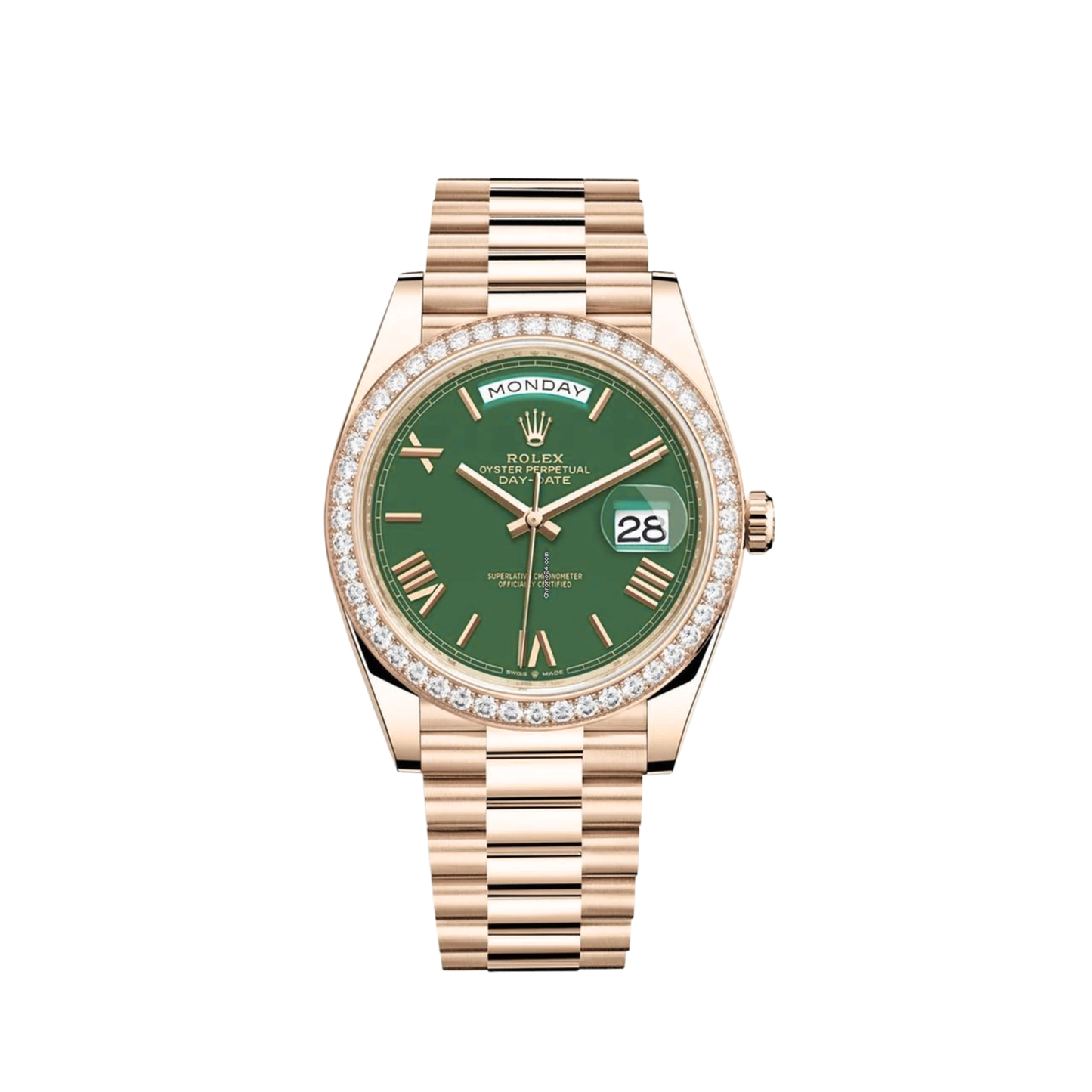 ROLEX DAY DATE 40 ROSE DIAMOND GREEN ROMAN DIAL