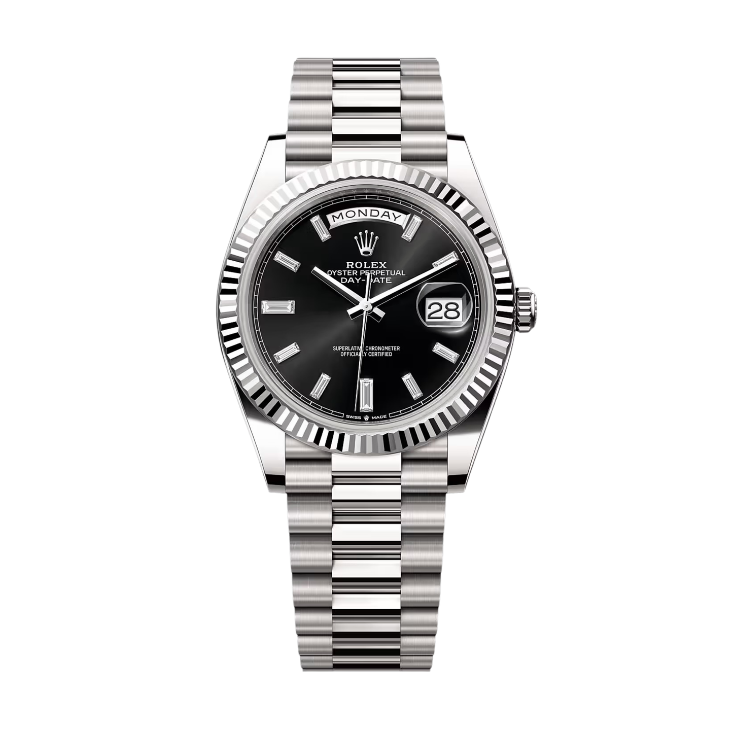 ROLEX DAY DATE 41 FLUTED SILVER BLACK DIAL