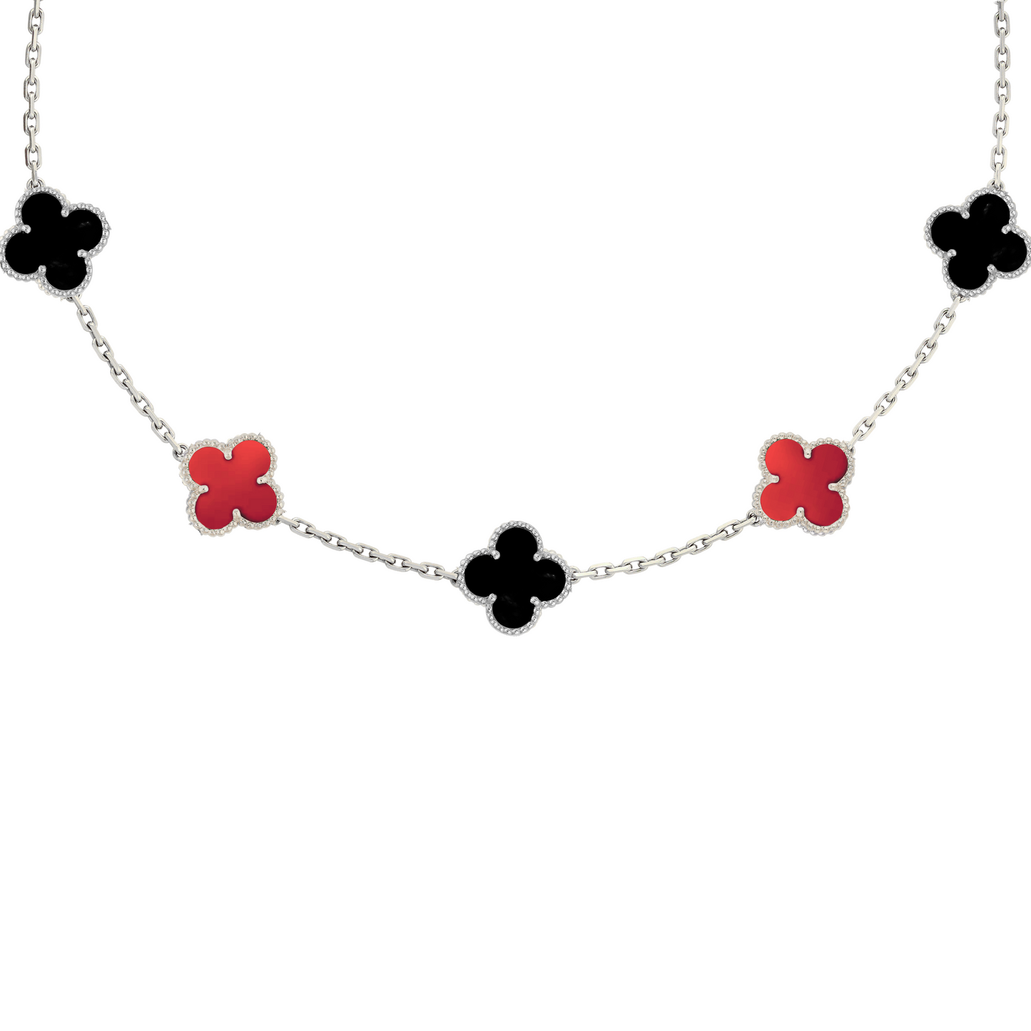 VAN CLEEF VINTAGE ALHAMBRA NECKLACE SMALL PENDANTS - SILVER/BLACK/RED