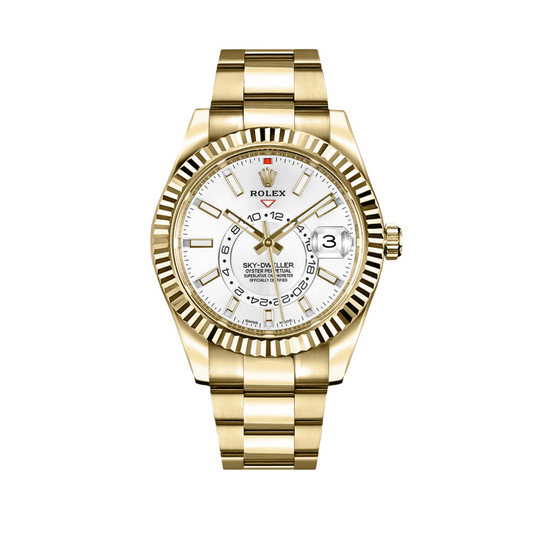 ROLEX SKY DWELLER YELLOW GOLD 42 WHITE BATON DIAL