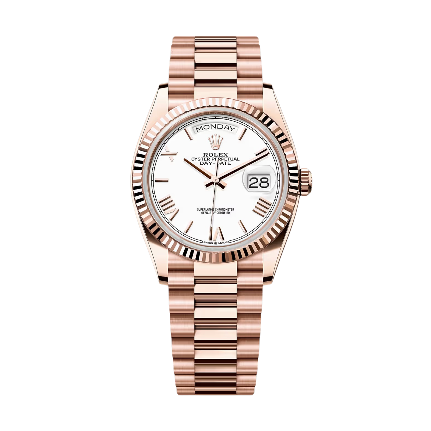 ROLEX DAY DATE 41 FLUTED ROSE GOLD WHITE ROMAN DIAL
