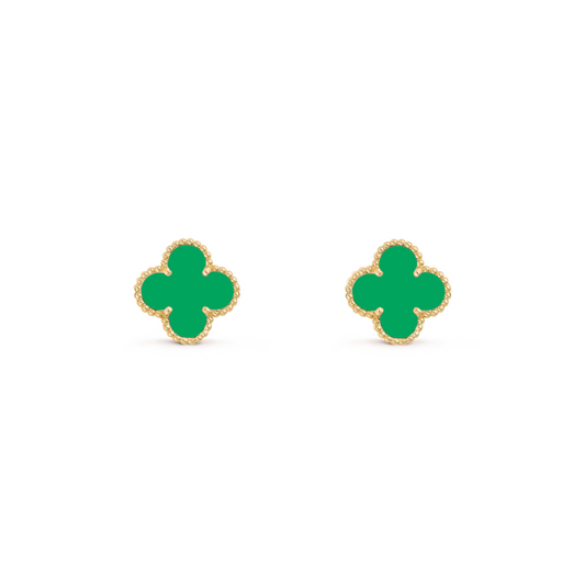 VAN CLEEF VINTAGE ALHAMBRA EAR STUDS - GOLD/TRUE GREEN